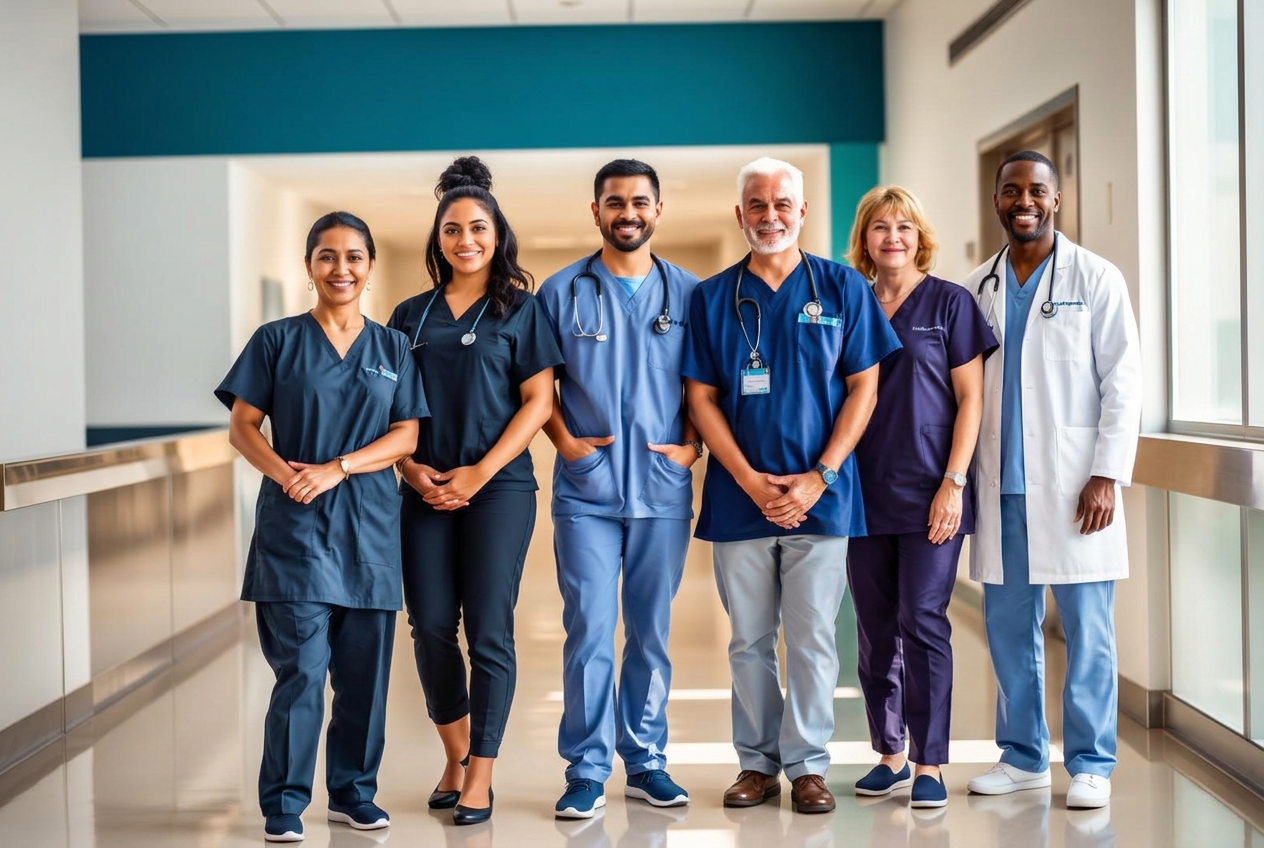 Diverse healthcare professionals collaborating in a modern care environment